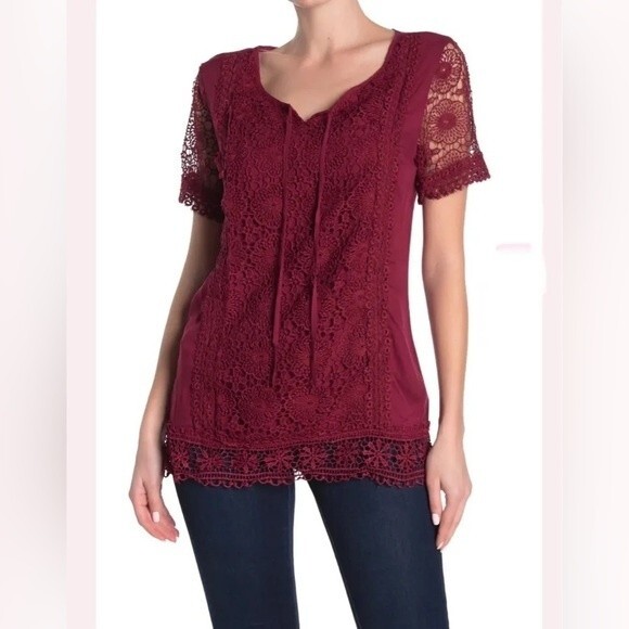 Simply Irresistible burgundy crochet lace top size large - Picture 1 of 7